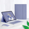 A silver magnetic keyboard case for an iPad Pro is shown next to a laptop and a purple folder.