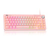 A pink compact 68-key RGB backlit wired keyboard with yellow accents and a matching pink mouse.