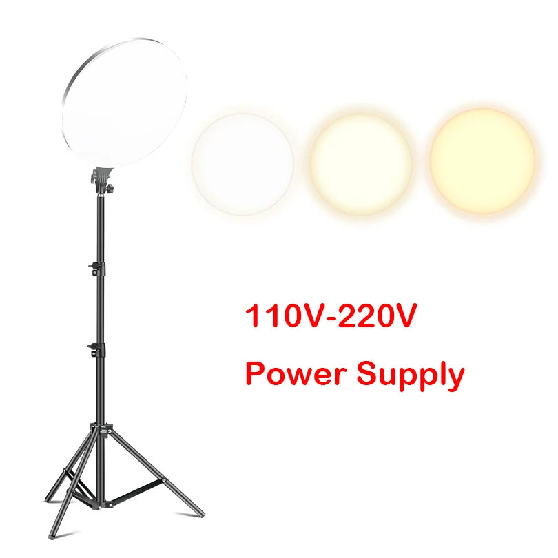 A 10-inch LED ring light with a white diffuser and three illuminated circles on a tripod stand.
