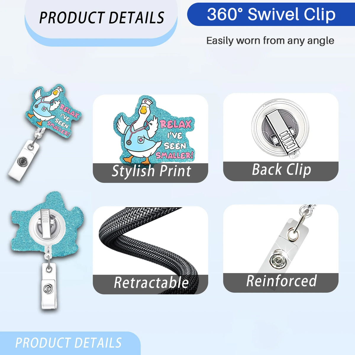 A silver acrylic nurse badge reel with a colorful print and a swivel clip attachment.