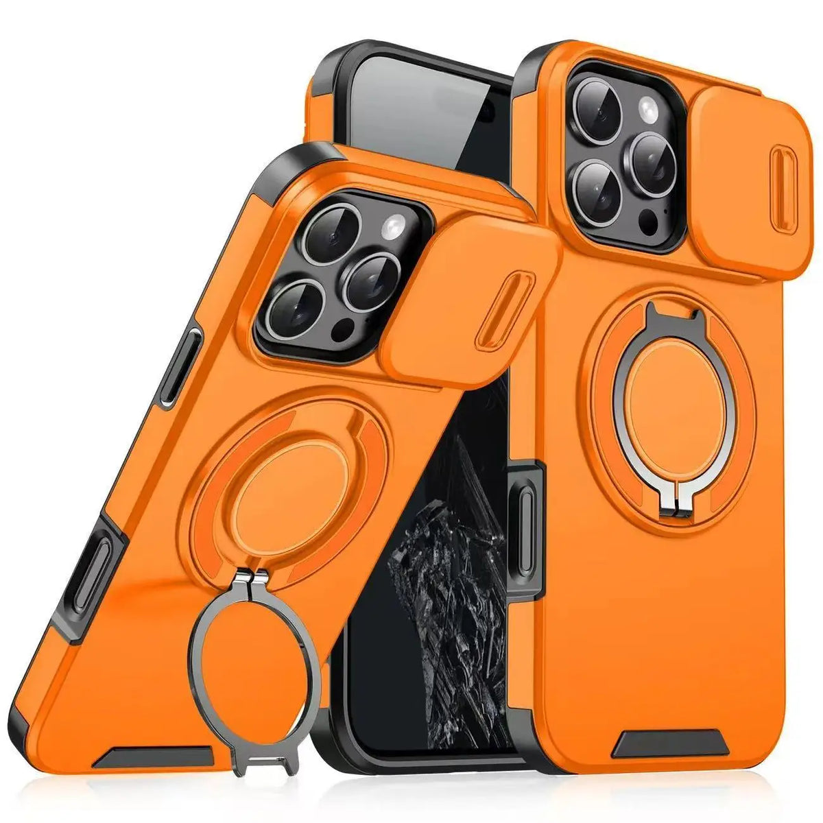 Orange sliding camera lens protection phone case with a kickstand shown in a close-up view.