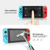 A triple pack of tempered glass screen protectors for a Switch OLED console is shown with installation instructions and a ham