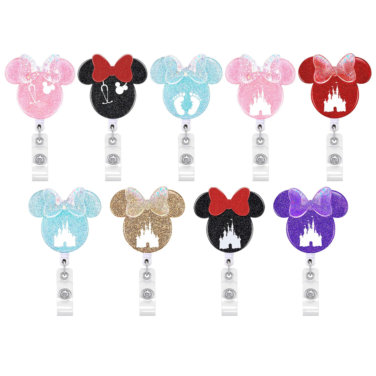 Ein Set von zehn farbenfrohen, thematischen Krankenpflegermedaille-Reels mit verschiedenen Disney-Charakteren und Farben.