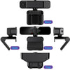 Ansicht einer schwarzen 4K Ultra HD USB-Webcam mit verschiedenen Winkeln wie Rück-, Seiten-, Front- und Draufsicht.