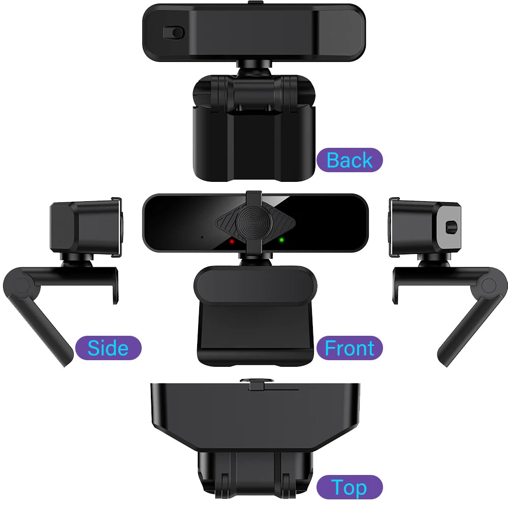 Ansicht einer schwarzen 4K Ultra HD USB-Webcam mit verschiedenen Winkeln wie Rück-, Seiten-, Front- und Draufsicht.