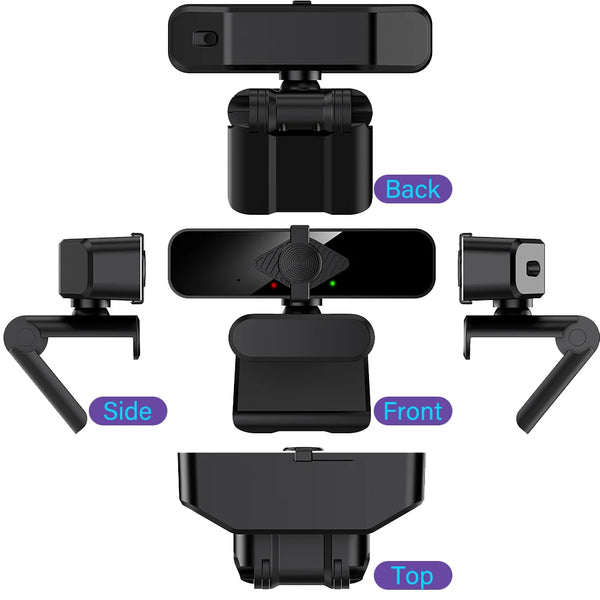 View of a black 4K Ultra HD USB webcam with various angles including back, side, front, and top views.