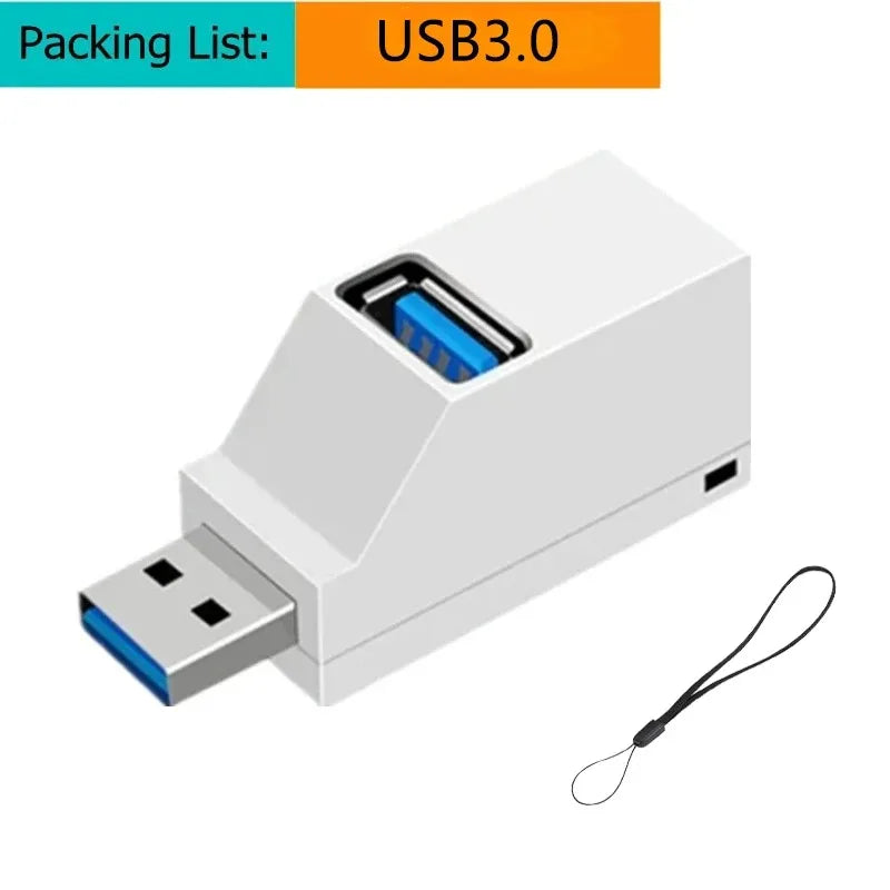 A white USB 3.0 multi-port hub with a Type-C power port and an attached cable.