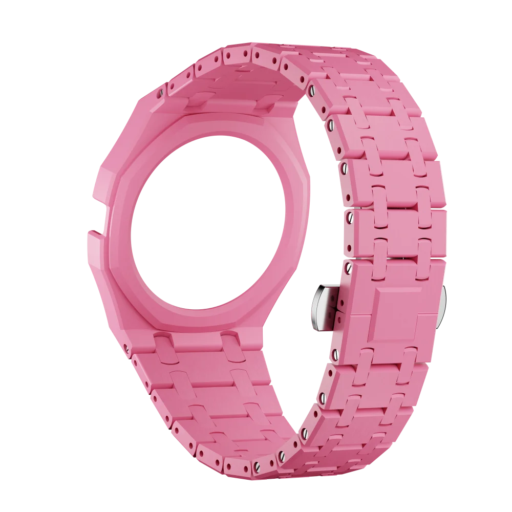 A pink ceramic watch case and strap set for a Swatch X AP Royal POP watch.