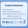 Product parameter sheet showing model number, input voltage, and various USB output specifications and certifications.