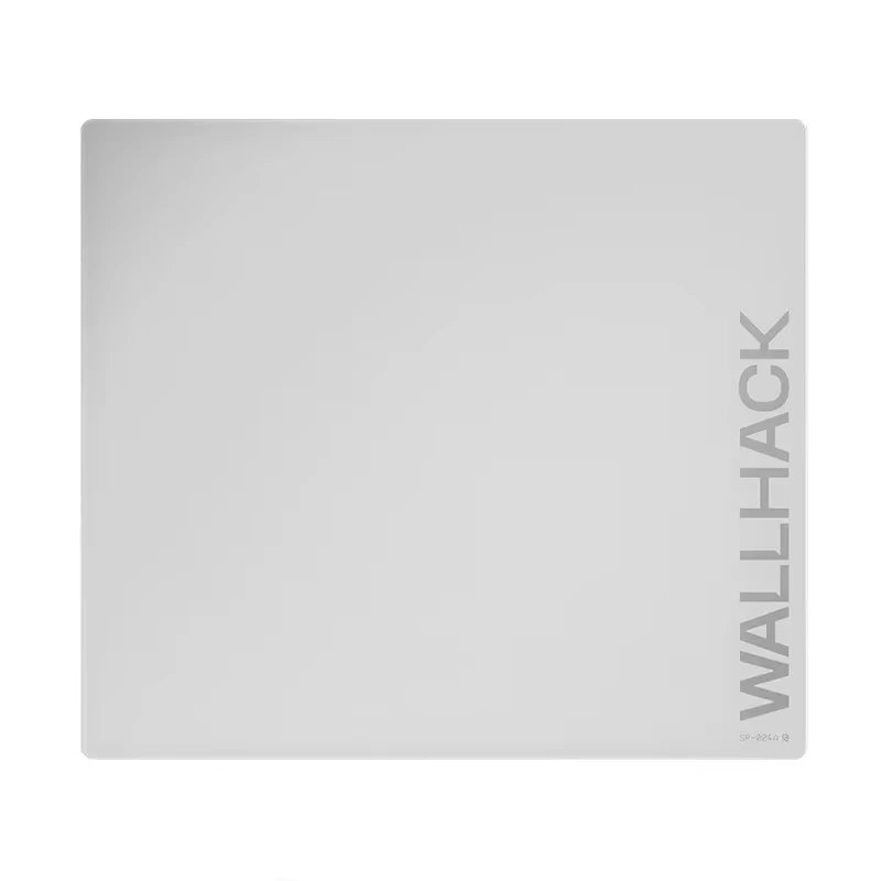 Tapis de souris en verre trempé blanc avec le nom WALLHACK imprimé verticalement sur le côté.