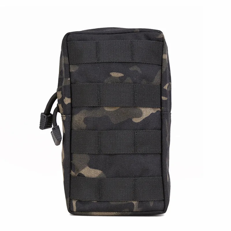 A black tactical MOLLE utility pouch featuring a camouflage pattern.