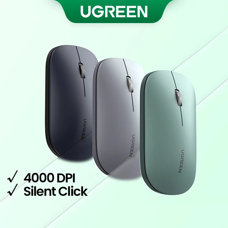 Three versions of the UGREEN Ultra-Slim Wireless Bluetooth Mouse in black, gray, and green colors.