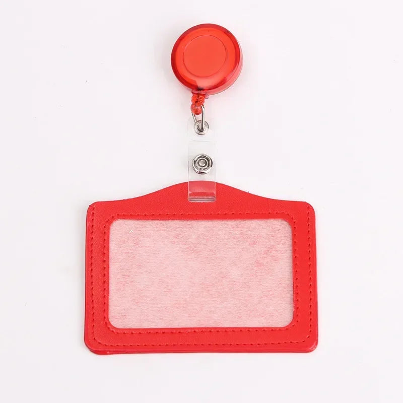 Red PU leather retractable ID card holder with a clear plastic badge case and metal clip.