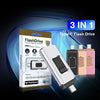 A 3-in-1 Type-C Flash Drive product showing the drive, packaging, and various connectors.
