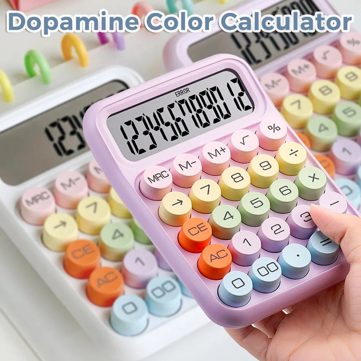 A hand holds a pink dopamine color calculator displaying the number 123456789012.