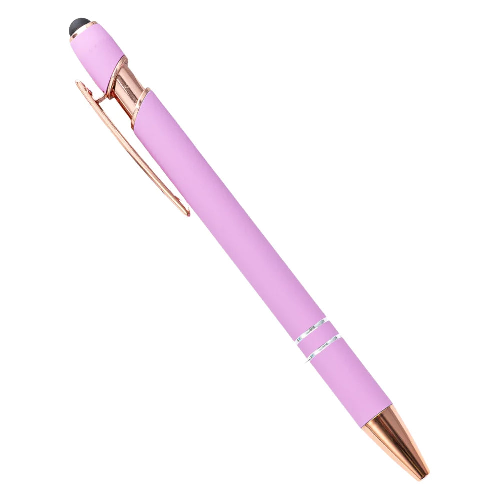A pink retractable stylus and ballpoint pen with a gold tip and silver accent ring.