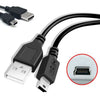 A black mini USB data and charging cable with a square connector and a standard USB plug.