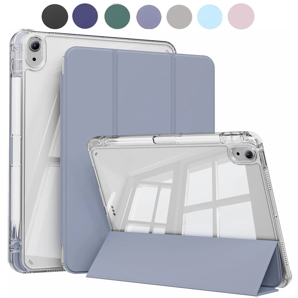 A clear protective case and multiple colored silicone covers for an Apple iPad.