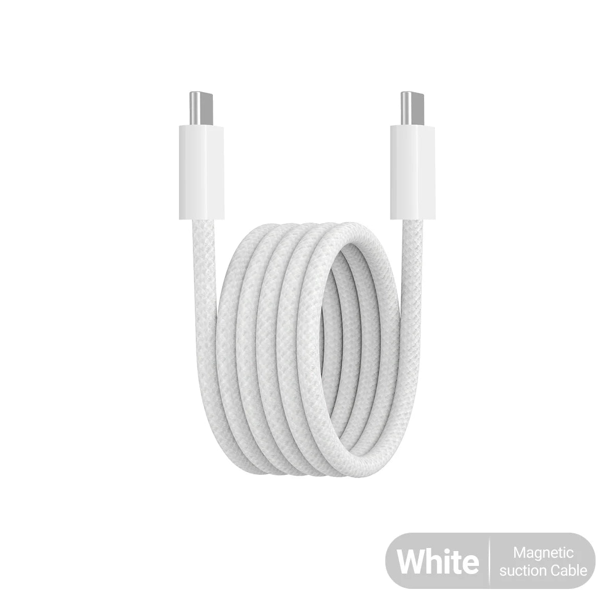 White magnetic suction USB-C to USB-C charging cable coiled and shown with connectors.