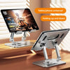 A silver tablet stand is shown with a tablet placed on it, demonstrating folding up and down functionality.
