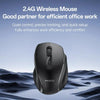 A black ergonomic wireless mouse is shown against a blue, wavy background.