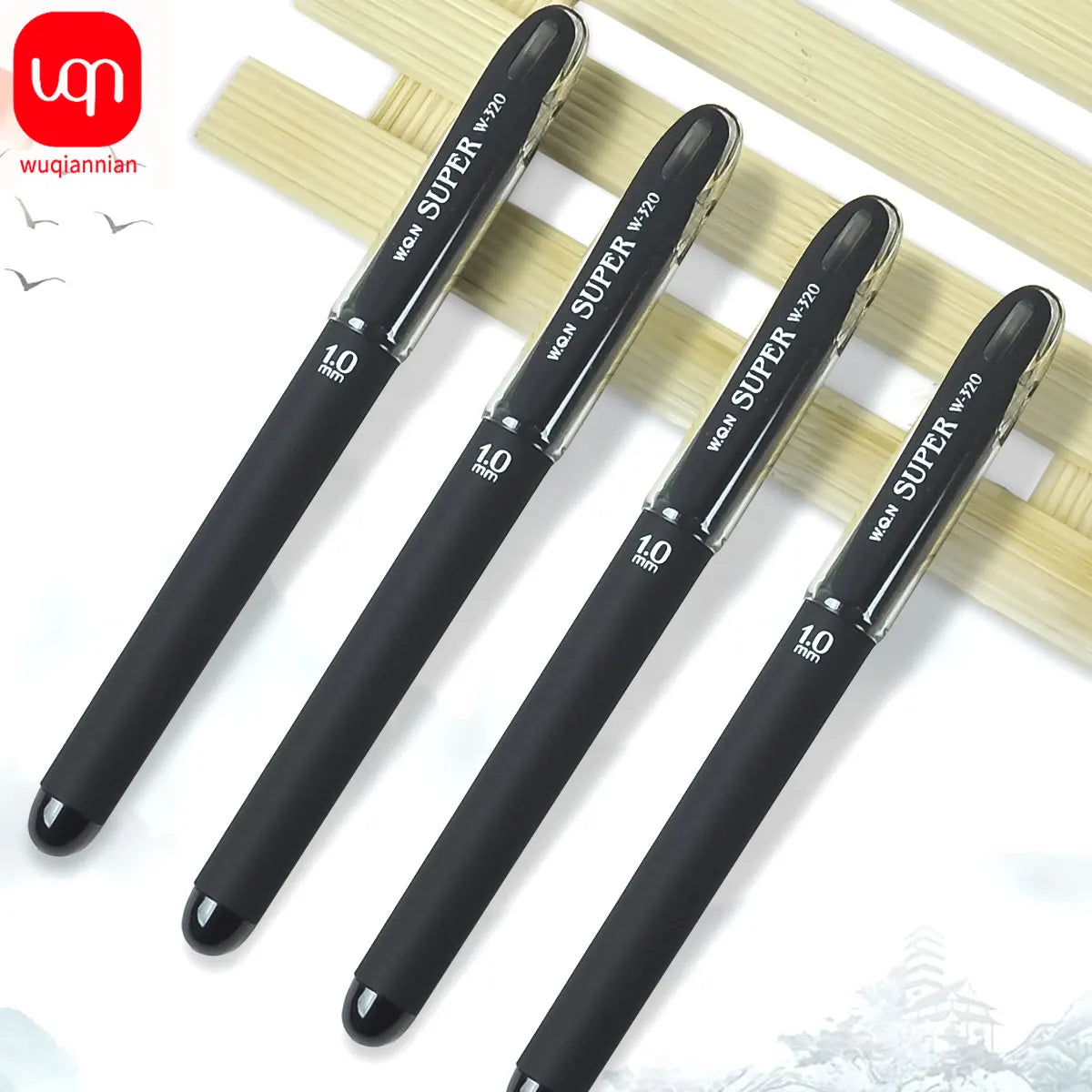Three black smooth writing gel pens with 1.0mm tips are displayed on a white background.