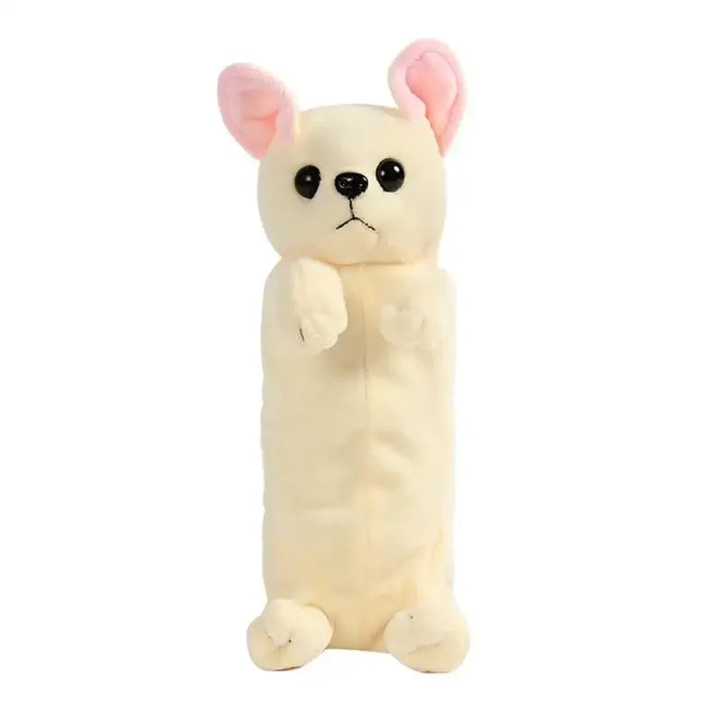 A cute, light yellow plush dog toy with pink ears and a stitched expression.