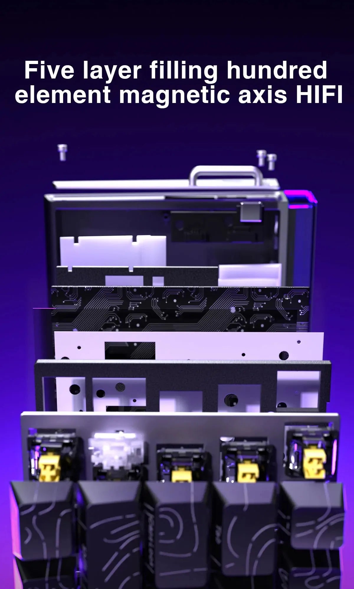A stack of five layer filling hundred element magnetic axis HIFI mechanical keyboard components.