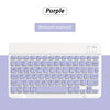Eine weiße Bluetooth-Tastatur mit einem lila Etikett, das den Produktnamen anzeigt.