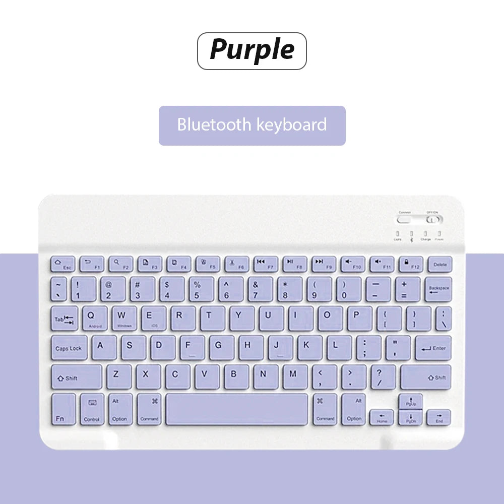 Eine weiße Bluetooth-Tastatur mit einem lila Etikett, das den Produktnamen anzeigt.