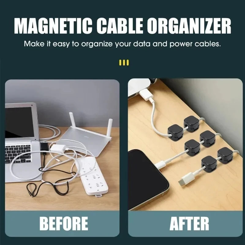 Before and after comparison showing a magnetic cable organizer for desk organization.