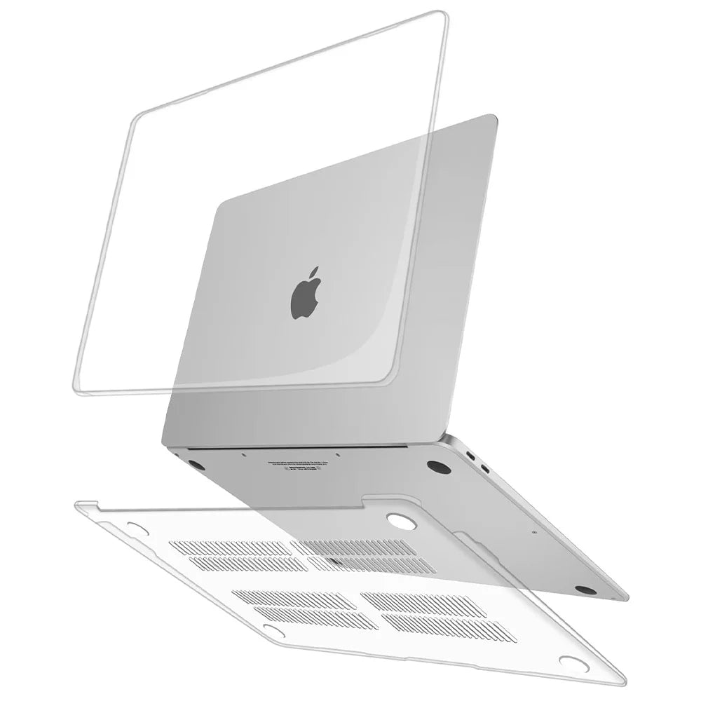 Silberes Apple MacBook Laptop mit klarem Schutzetui liegt flach.
