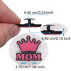 A set of personalized shoe charms featuring the MOM logo and a crown, with various sizes shown.
