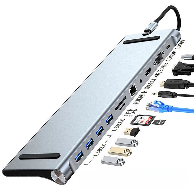 Estación de acoplamiento multipantalla plateada de 12 en 1 con varios puertos, incluyendo USB 3.0, ranuras para tarjetas SD y