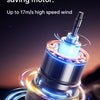 A close-up of a high-speed energy saving motor device with a blue blade and metallic casing, shown against a dark background.