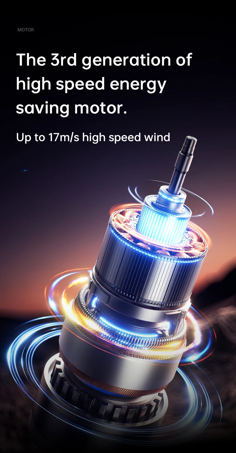 A close-up of a high-speed energy saving motor device with a blue blade and metallic casing, shown against a dark background.