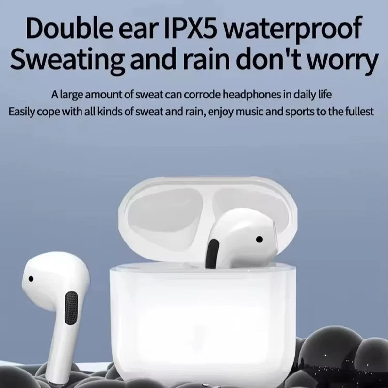 White True Buds 5 wireless earphones shown next to their charging case.