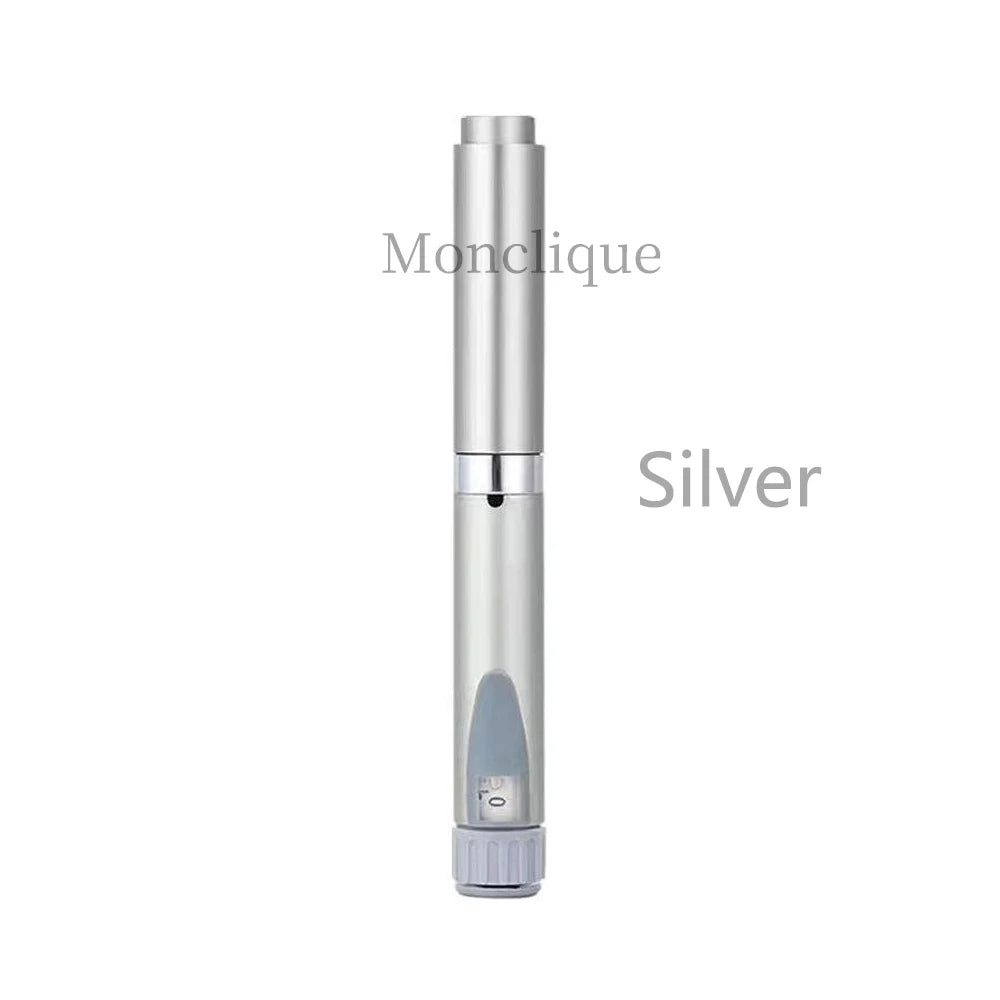 A silver Monclique reusable metal injection pen shown vertically.