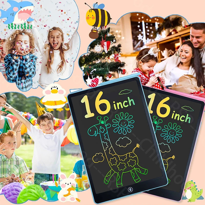 A 16-inch multi-color LCD drawing tablet for kids is shown with various colorful drawings and toys in a bright setting.