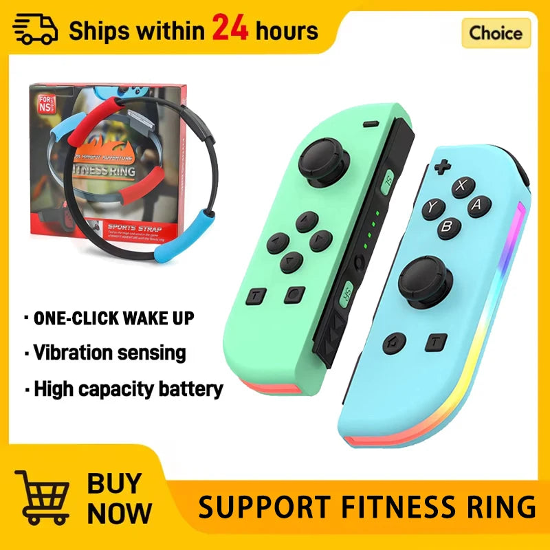 A green fitness ring and a blue controller are shown with packaging and text promoting fast shipping.