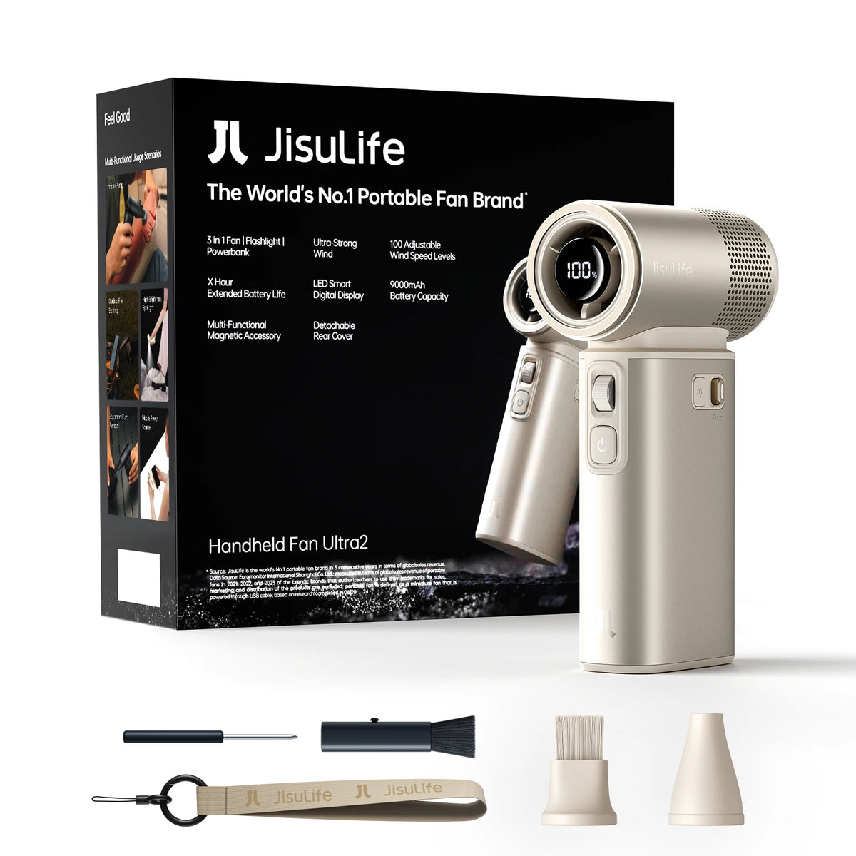 A silver handheld fan with a rechargeable battery and various accessories is displayed next to its packaging.
