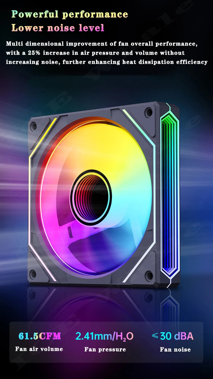 لقطة مقربة لمروحة تبريد حاسوب متعددة الأبعاد RGB ذات شفرة دائرية وتأثيرات ضوئية محيطة.