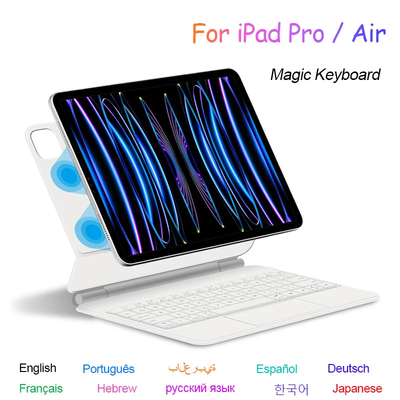 A backlit Magic Keyboard for an iPad Pro or Air, shown with the tablet and keyboard connected.