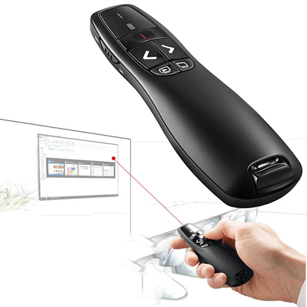 A black wireless PPT presenter pen with a remote control is shown being held over a computer screen.