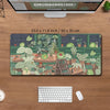 A large green frog desk mat featuring various potted plants and cute frogs for a gaming setup.