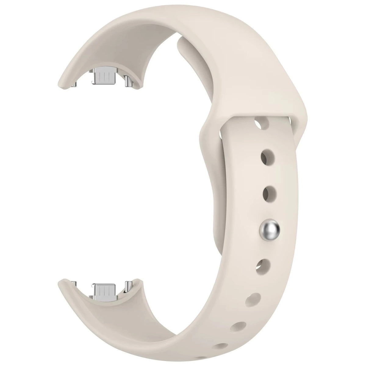 A white silicone replacement strap for a Mi Band watch, shown from the side.