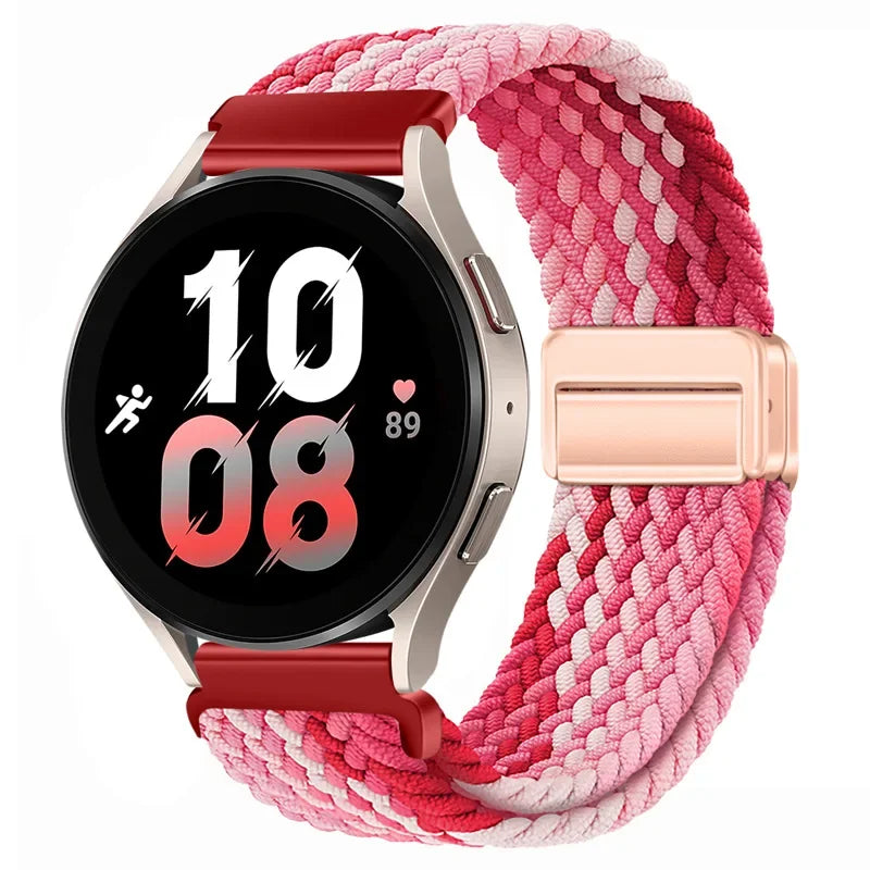 Rosa und rot gestrickter Magnetarmband für ein schwarzes Smartwatch-Display.