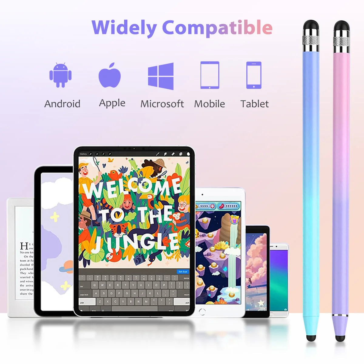 A blue and purple capacitive stylus pen shown next to various tablets and mobile devices, highlighting its wide compatibility