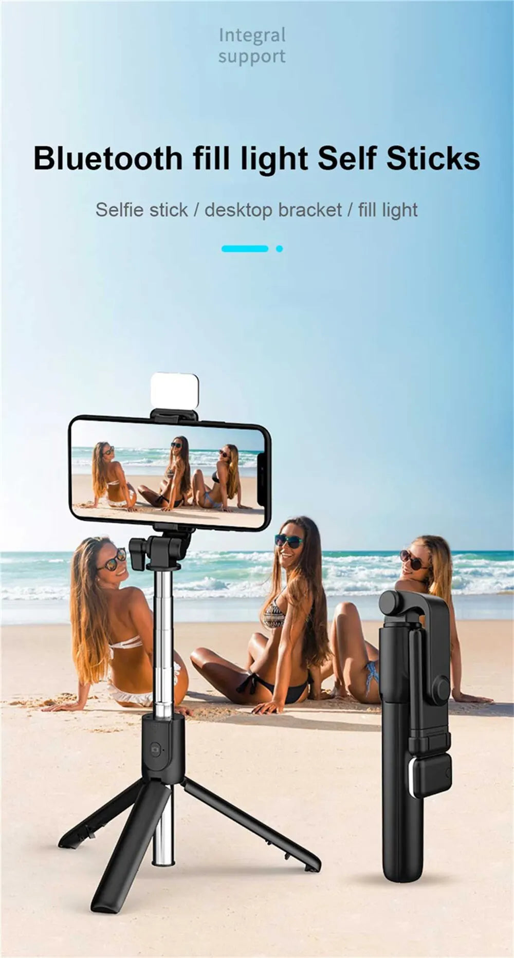 A black Bluetooth fill light selfie stick is shown with a smartphone mounted, set against a beach background.