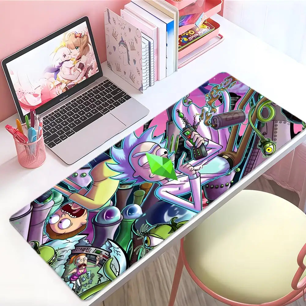 A large The Sims gaming mouse pad featuring a vibrant illustration of a character in a futuristic setting.